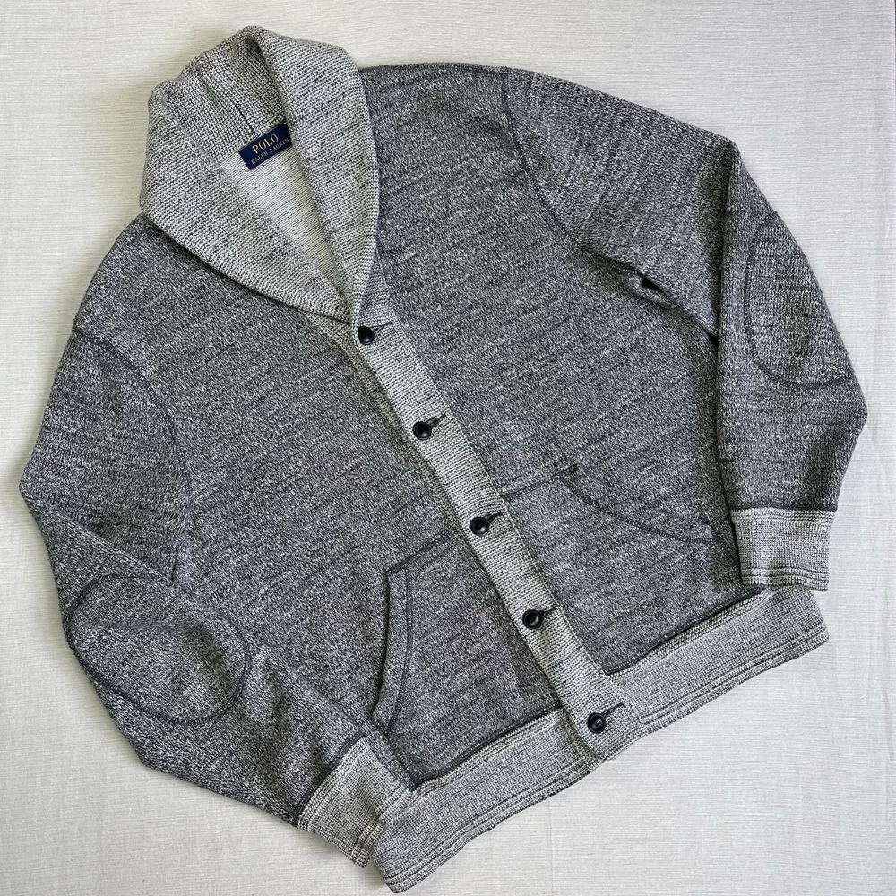 Polo Ralph Lauren Shawl Collar Knit Cardigan Sweater Men L Grey Rugby Preppy